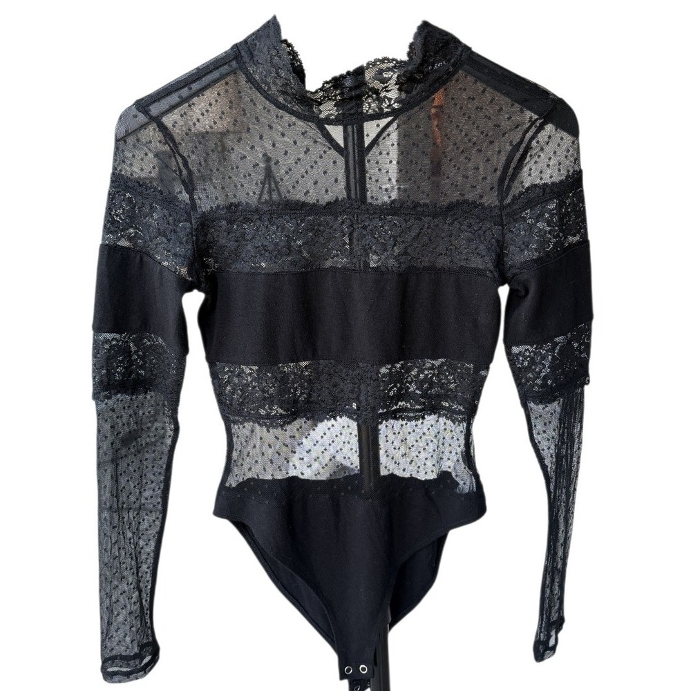 Y2K Sheer Lace Mesh Bodysuit Small Black Stretchy Whimsygoth Top Concert Layer‎